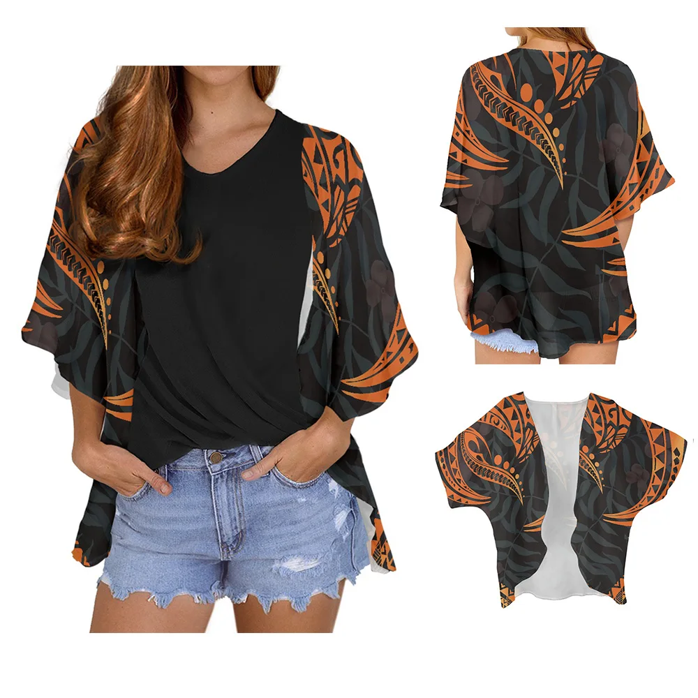 Chiffon Cardigan Long Sleeve Women's autumn coat Polynesian Tribe Gold Print Casual Tops Chiffon Beach Cardigan Blouse Shawl