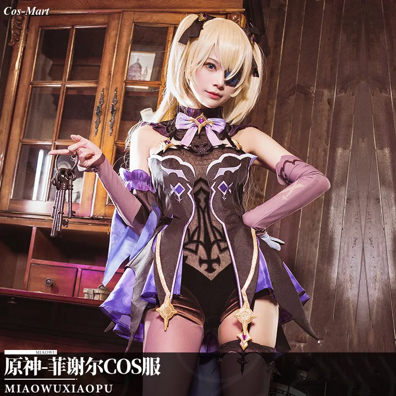 Cos-Mart Game Genshin Impact Fischl Cosplay Costume Fashion Purple Combat Uniform Dress Black Carnival Role Play Clothing S-XL