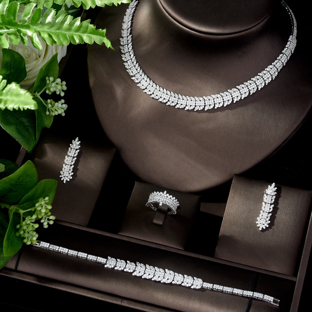 

HIBRIDE Classic White Dubai Jewelry Sets for Women Leaf Shape Bridal Necklace and Earrings Set bijoux luxe femme N-1093