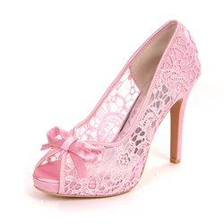 Elegant Lace Platform High Heels Open Toe Bridal Wedding Shoes with Bowknot Sweet Stelitto Dating Birthday Party Prom Princess