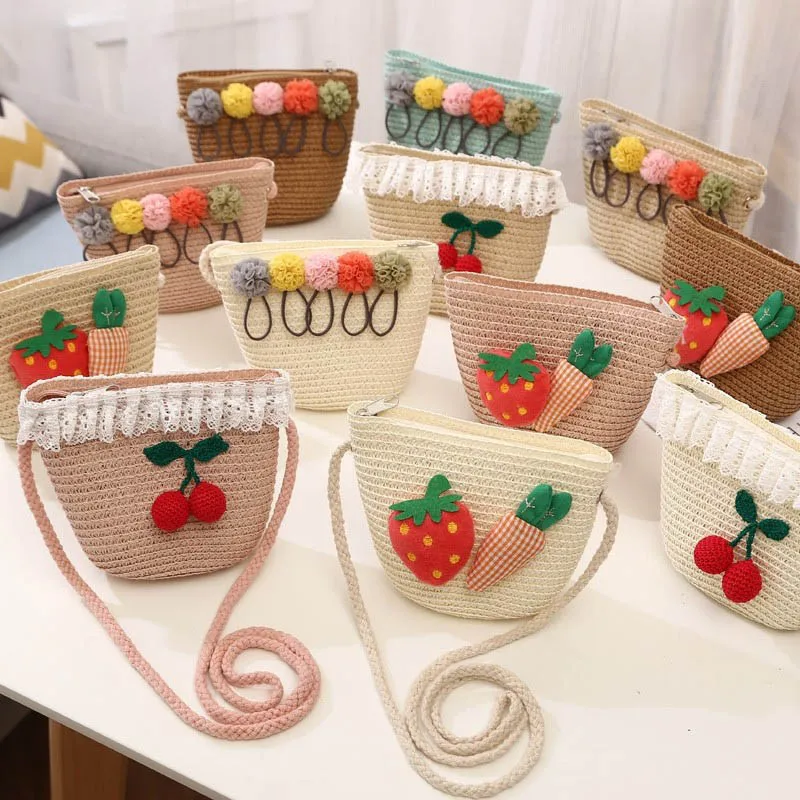 

Summer Children Girls Shoulder Bag Cute Cherry Flowers Straw Bag Messenger Bag Kids Keys Coin Purse Cute Princess Mini Handbag