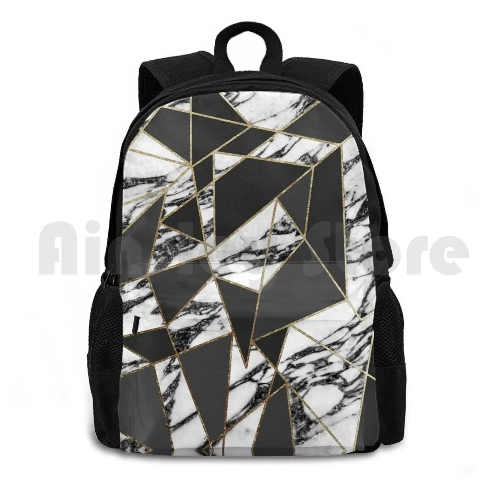 Chic Modern Gold Marble And Black Geometric Outdoor Hiking Backpack Riding Climbing Sports Bag Gold Marble Gold And Marble