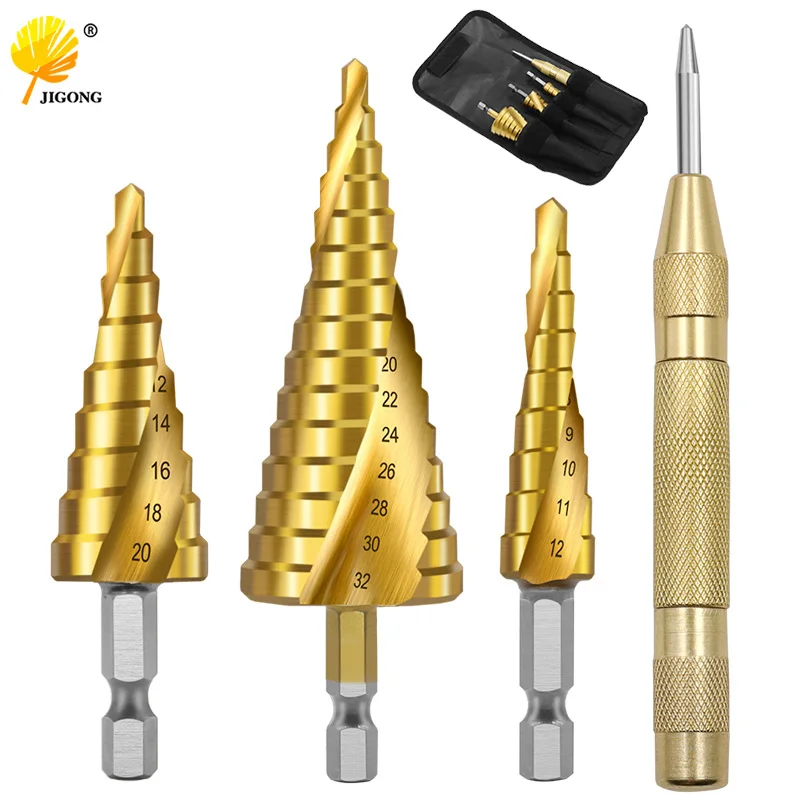 4pcs Spiral Groove Pagoda Hole Milling Cutter 4-32mm HSS Steel Cone Drill Bit Set Step Drill With 1pc Center Punch