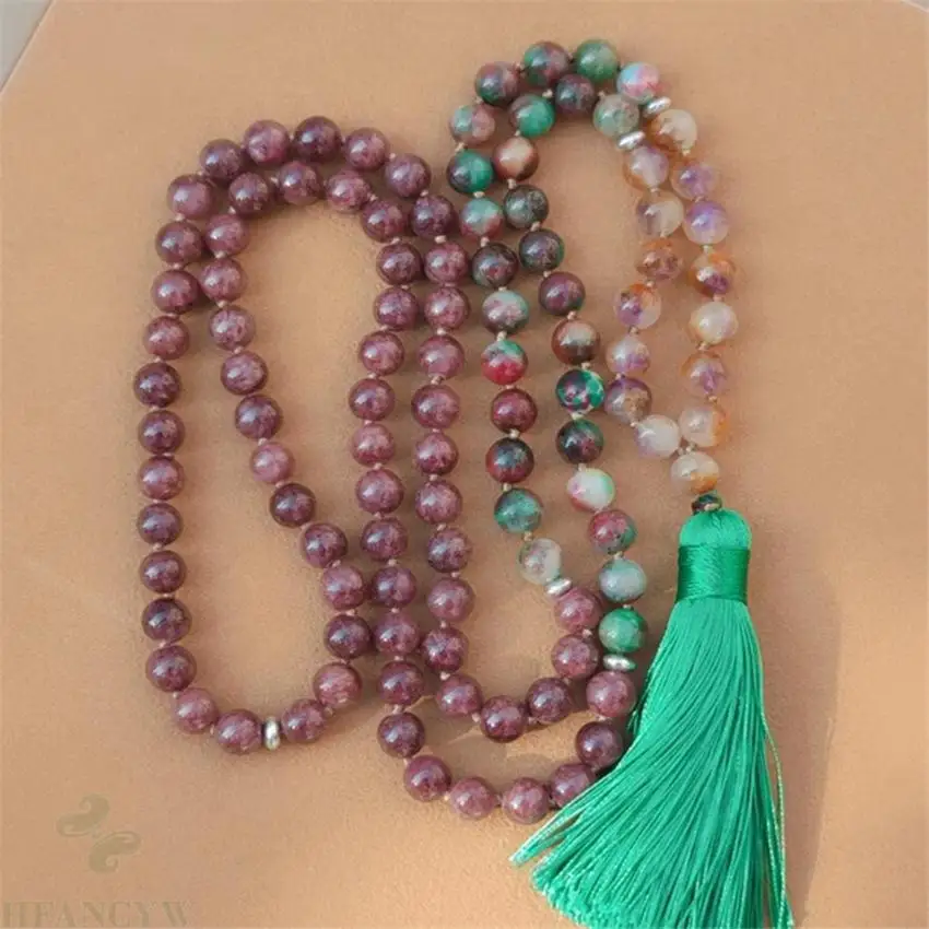 

8mm Chalcedony 108 Beads Tassel Knotted Necklace Prayer Chakra Healing Spirituality Meditation Lucky Stress Wrist Yoga