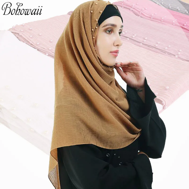 

BOHOWAII Fashion Classic Bead Hijab Scarf Shawl Bubble Chiffon Women Headwear Scarves Muslim Abaya Dubai Pleated Long Turban