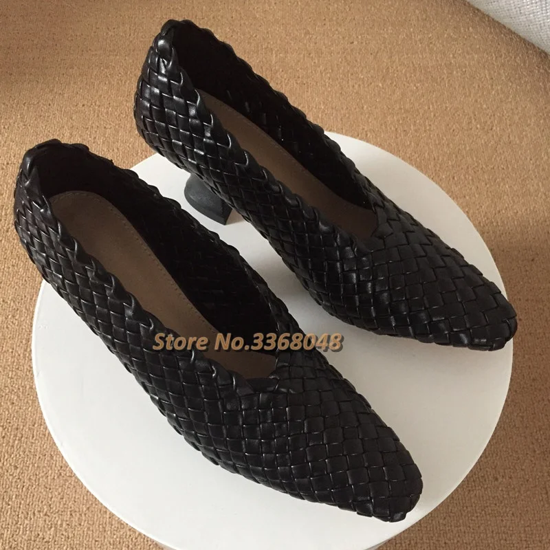 2020 Autumn Winter Weave Pumps Strange Style Heel Shallow Square Toe Slip On Burgundy Shoes Handwork High Heel Shoes Casual