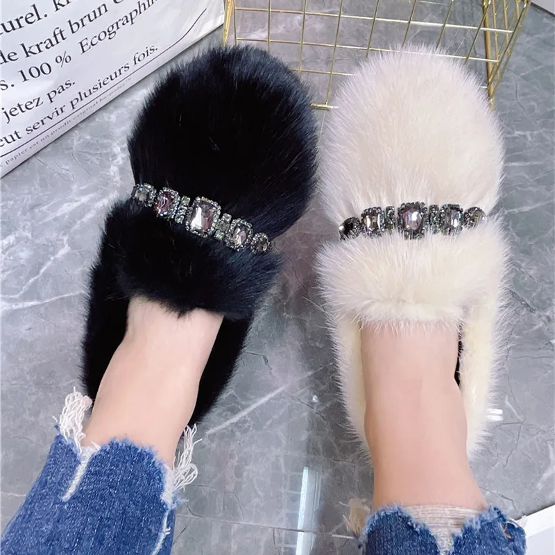 2024 New Women Winter Warm Flats Comfortable Loafers Mink Fur Espadrilles Ladies Driving Smoking Fur Shoes Woman Moccasins