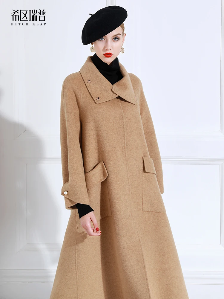 Double Sided Cashmere Coat Women's Loose Knee Length Alpaca Hepburn Tweed Coat Winter