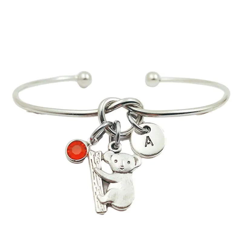 Koala Animal Retro Creative Initial Letter Monogram Birthstone Adjustable Bracelet Fashion Jewelry Women Gift Pendant