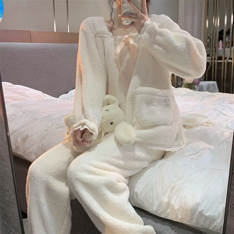 Women Lace Bow Pajama Sets Flannel Cute Warm Sleepwear New Plush Sweet Outwear Long Sleeve Pajamas Thick Winter Lounge Wear Ins