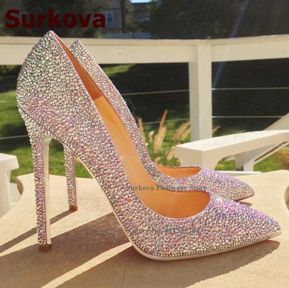 Surkova Bling Bling Gold Silver Red Crystal Wedding Shoes 12cm Stiletto Heels Pointed Toe Banquet Pumps Shining Rhinestone Heels