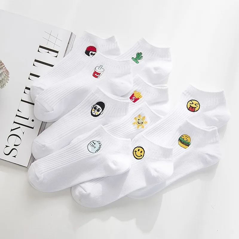 Harajuku Cute Embroidery Smiling Face Cactus Women Boat Socks Low But Cotton White Funny Kawaii Brand Gift for Girl Summer White