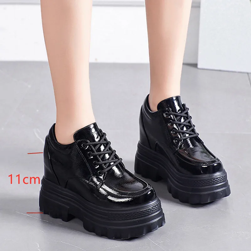 Women\'s Chunky Sneakers Autumn Patent Leather Female Platform Shoes Women Black Sneakers Super High Heels 11cm Chunky Shoes