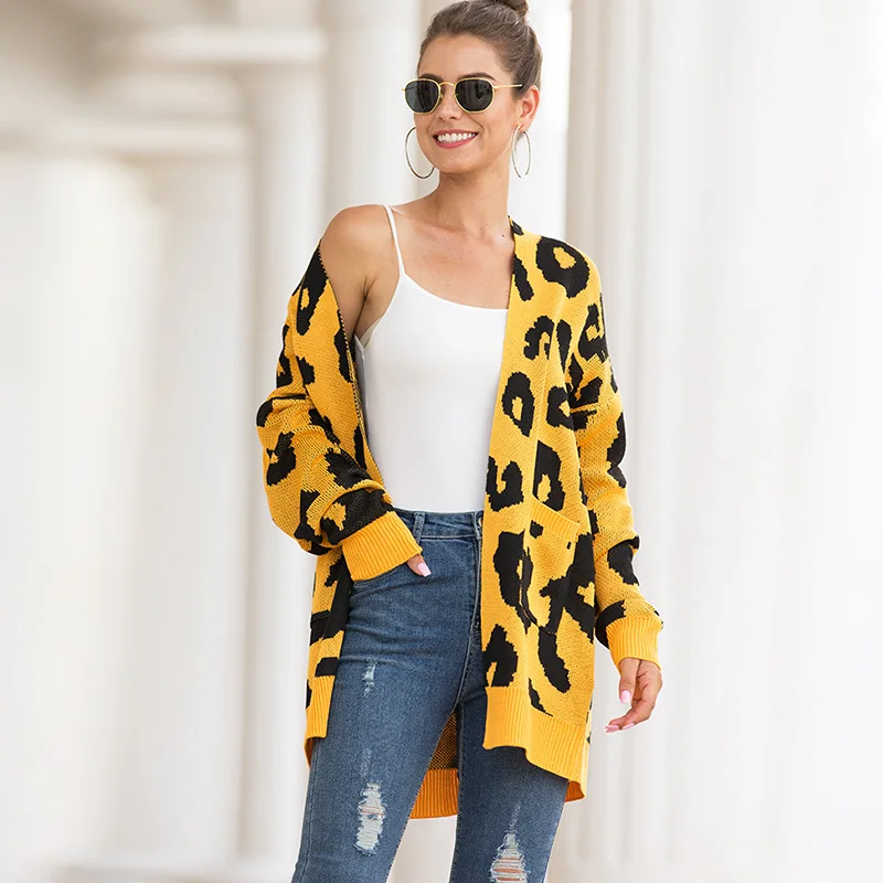 Cárdigan largo de longitud media con doble bolsillo, suéter de punto con patrón de leopardo, suelto e informal, otoño e invierno, 2021