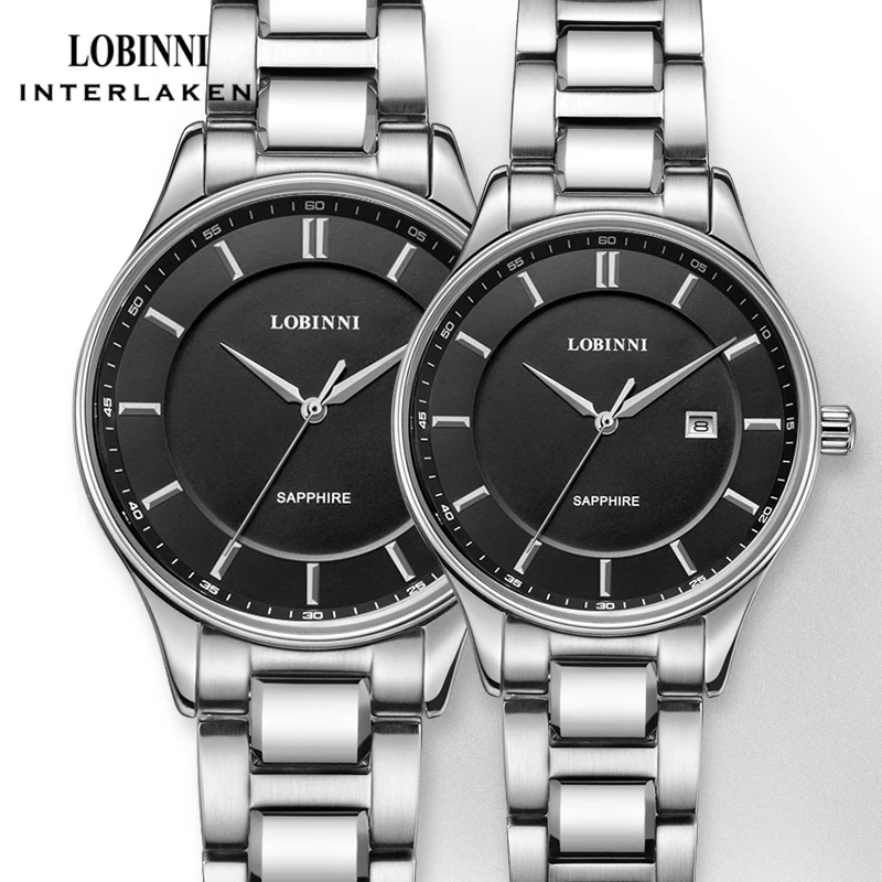 LOBINNI Orologio impermeabile in vetro zaffiro in acciaio inossidabile Orologio da coppia di orologi di marca di lusso Coppia di orologi al quarzo giapponesi per uomo e donna
