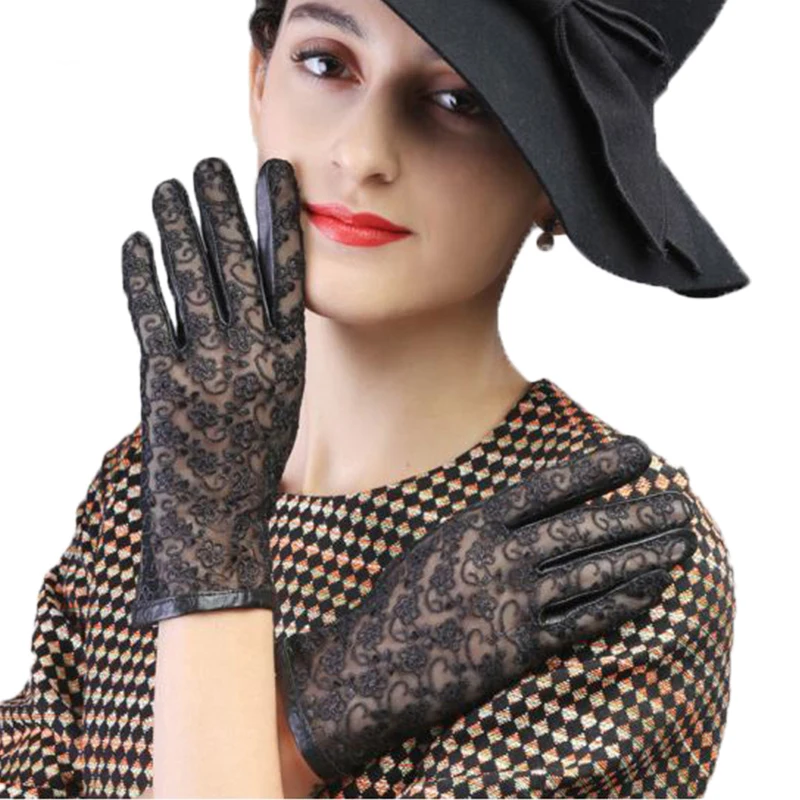 New Women Leather Touch Screen Gloves Fashion Sheepskin Embroidery Lace No Lining Spring And Summer Driving Black Mittens