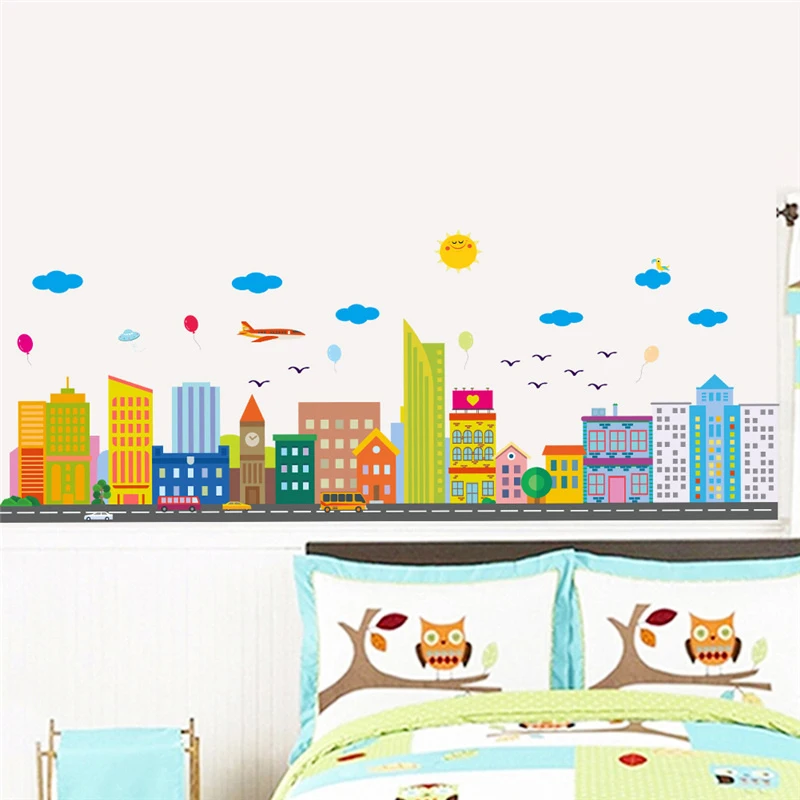 Modern City Scenery Wall Sticker For Office Living Room Decoration Cartoon Landscape Mural Art Diy Home Decals Posters