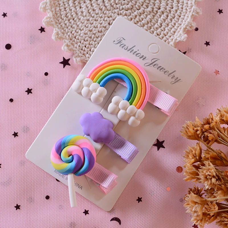 3 Pcs Children's Hair Pin Rainbow Hair Clip Girl Hair Accessories Duckbill Clip Baby Cute Fashion Lollipop Clouds BB Headwear