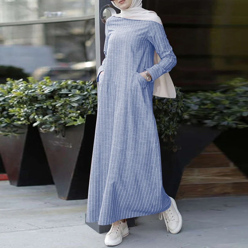 

Vintage Striped Muslim Fashion Dress Women Abayas Turkey Hijab Dresses Casual Loose Long Sleeve Kaftan Vestidos Islamic Robe 5XL