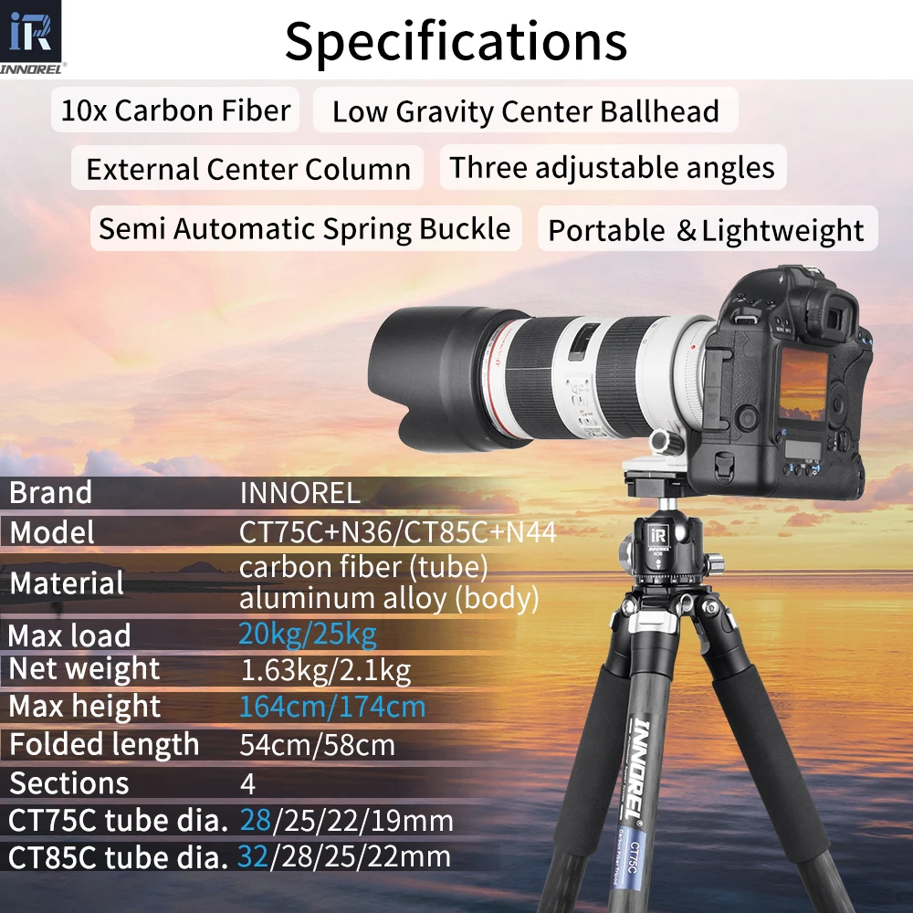 Professional Carbon Fiber Tripod CT85C for DSLR Camera Heavy Duty Stand Low Gravity Center Ballhead add Short Center Column