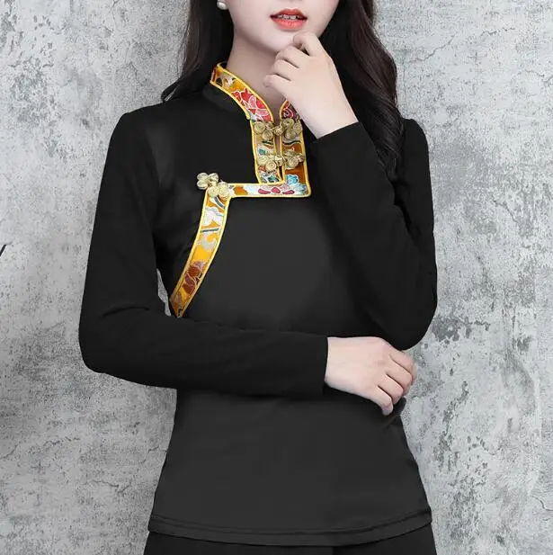 

Chinese Tibetan Ethnic Style T-shirt Women Spring Black Tops Vintage