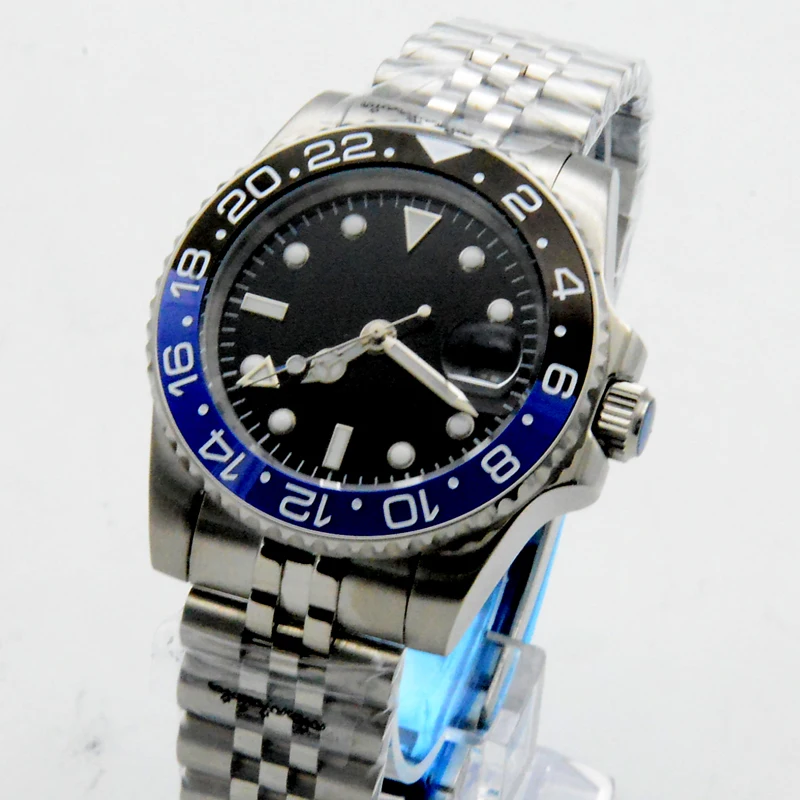 GMT Watch Automatic Mechanical Men's Watch 40MM Black Dial Date Ceramic Bezel Stainless Steel Case Silver Jubilee Strap