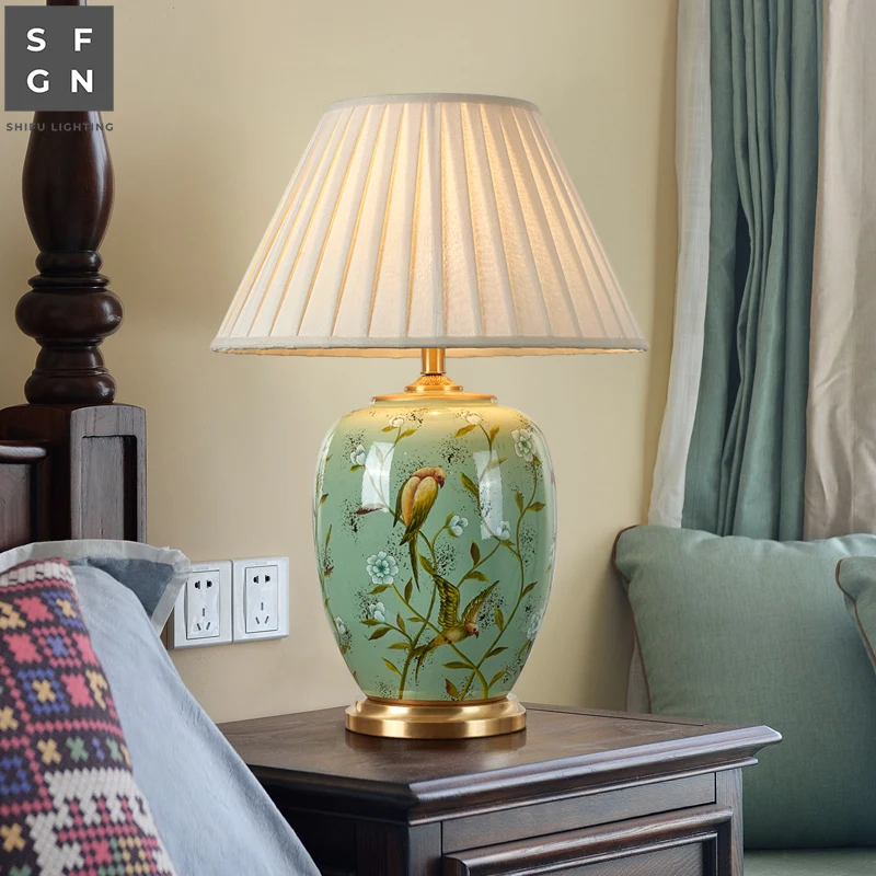 Copper Table Lamp American Style for Living Room Jingdezhen Ceramic Luxury Bedroom Bedside Lamp Decorated LED Lamps