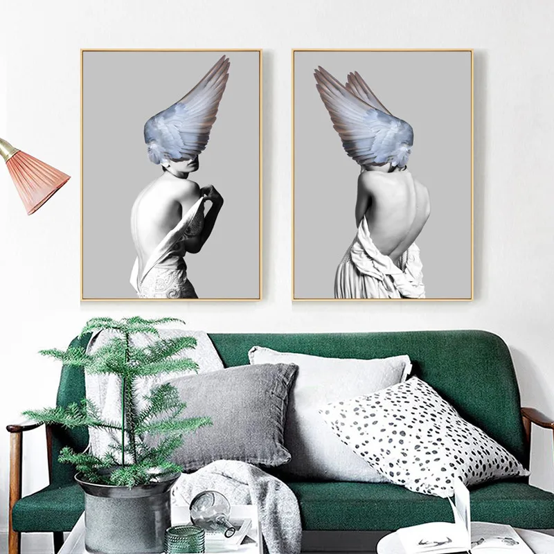 Beauty Art Canvas Painting Nordic Girl Feathered Poster Wall Picture Modern Home Wall Art Decor Print