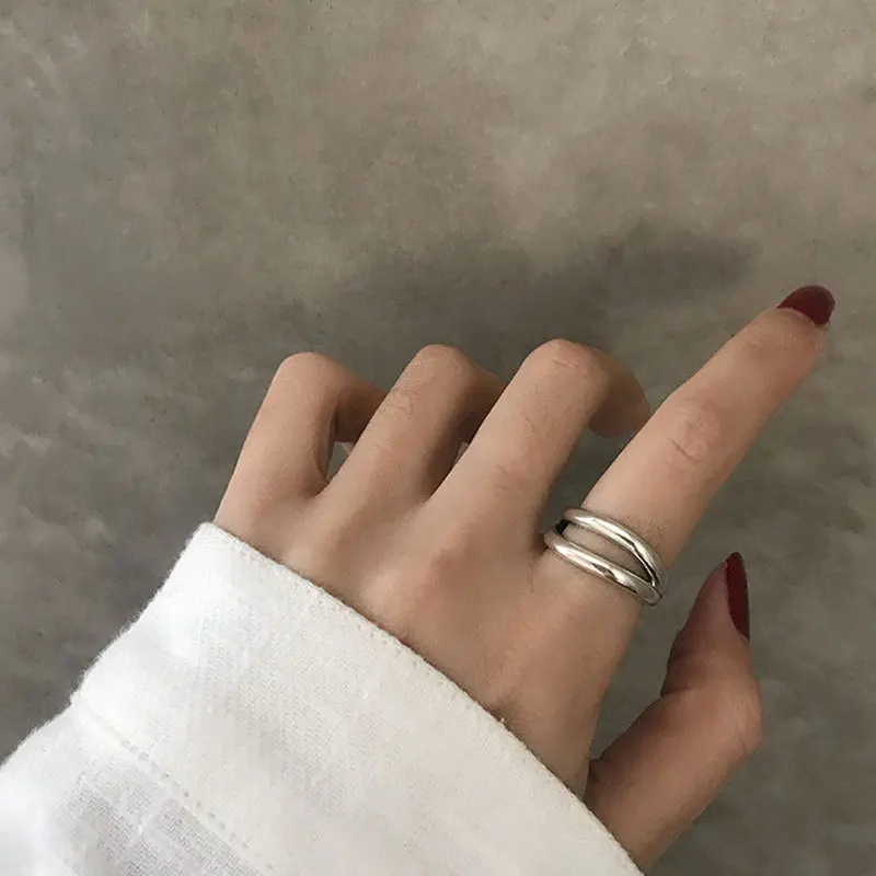 LIVVY Silver Color  Round Hollow Rings For Women  Double Lines Trendy Jewelry Vintage Party Accessories Gifts