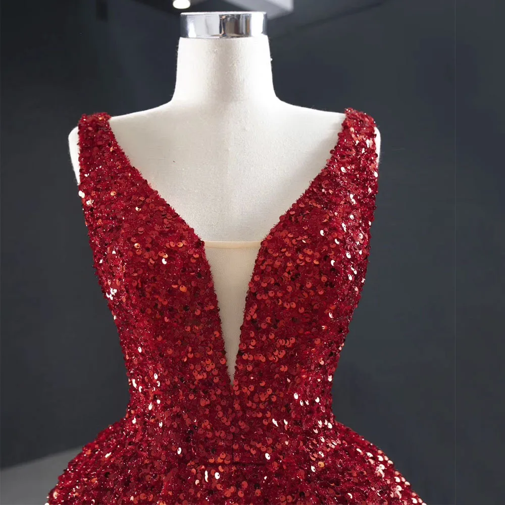 Glamorous Red Sequin High And Low Evening Gowns For Women Elegant Long Luxury V-neck 2022 Party Dress  Dubai