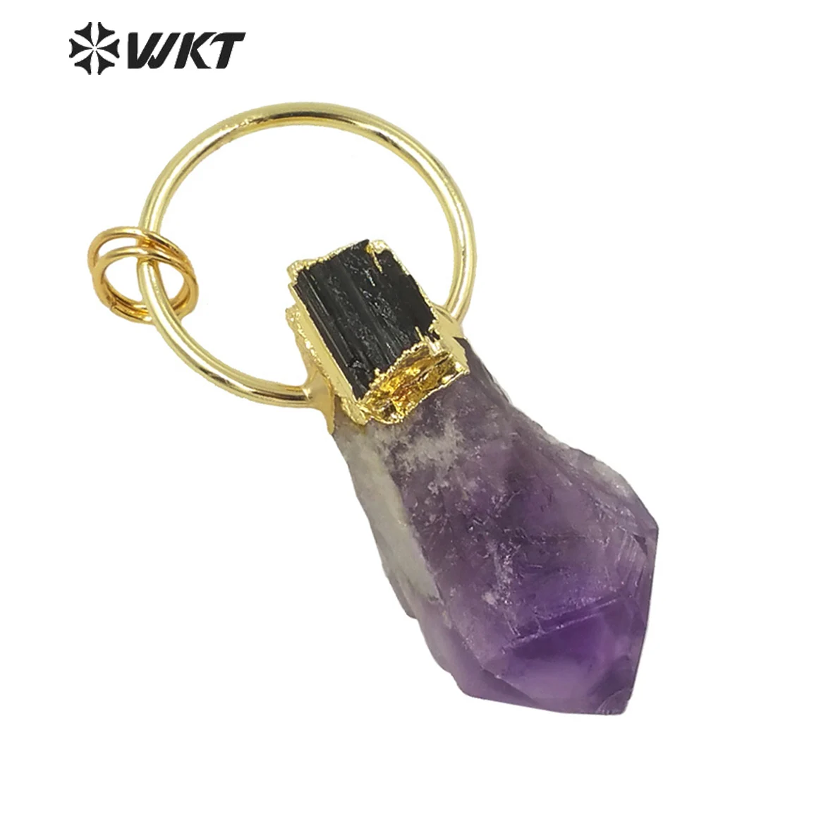 WT-P1624 Amazing Decorated Natural Stone Amethysts Point Pendant With Black Tourmaline Women Fashion Gold ACC