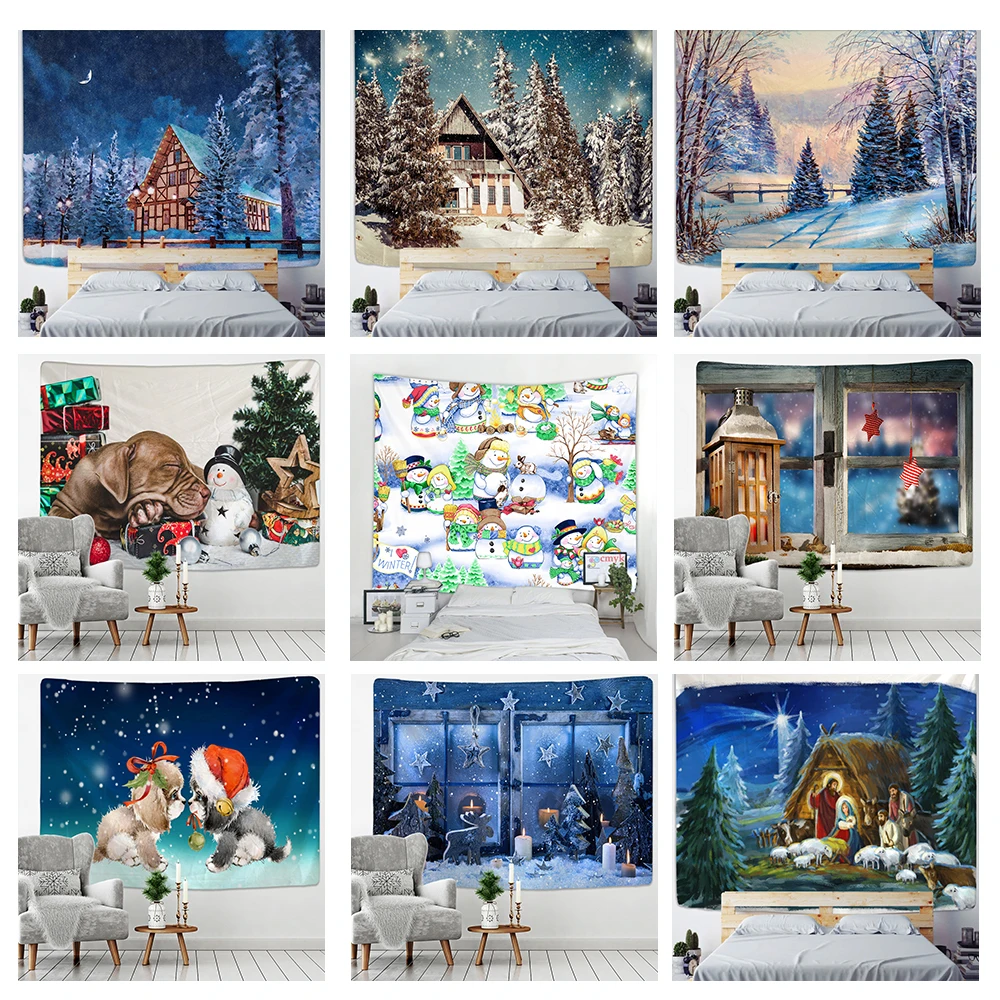 Cartoon Christmas Illustration Tapestry Wall Hanging Hippie Witchcraft Tapiz Holiday Aesthetics Room Home Decor