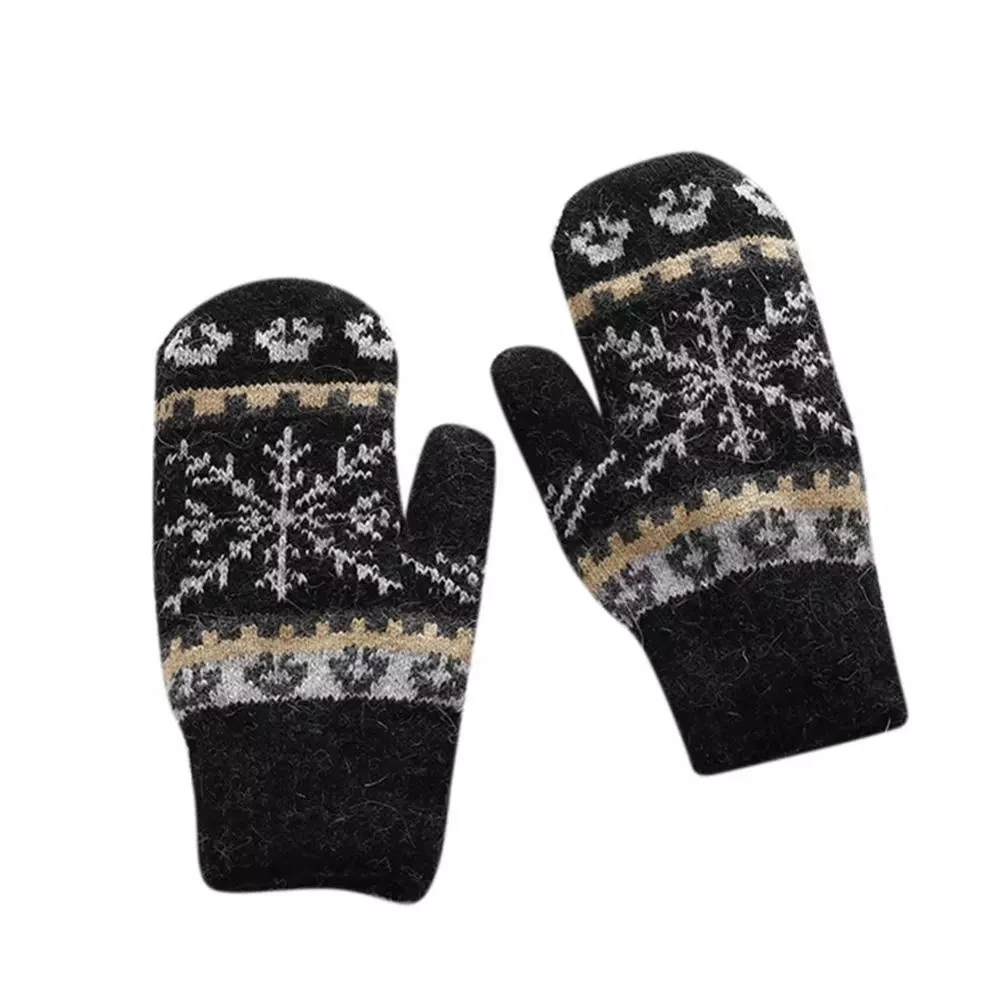 Korean Christmas Snowflake Pattern Woolen Knit Warm Mittens Winter Female Plus Velvet Thick Elastic Windproof Driving Glove H52