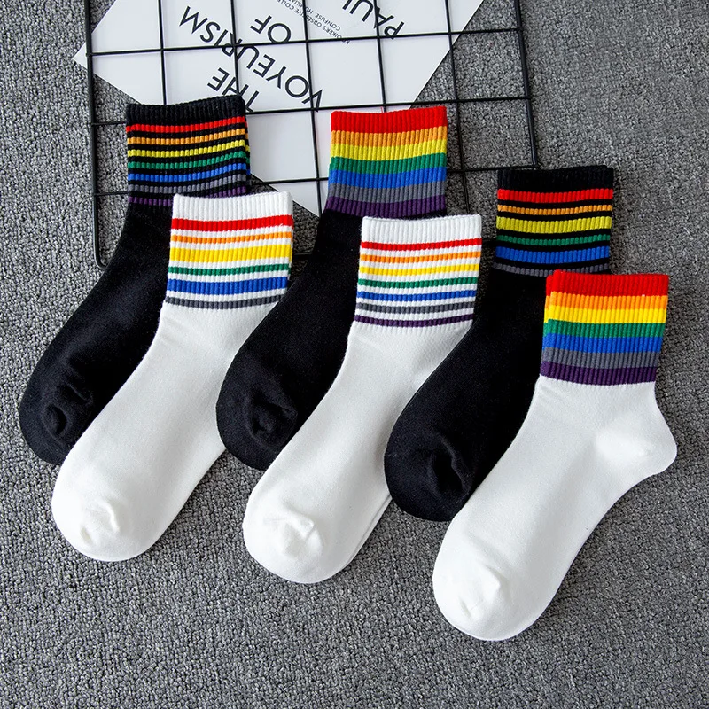 

Socks Women Striped Rainbow Socks Woman White Black Cute Kawaii Calcetines Skarpetki Meias Mujer Chaussette Short Sock Sokken