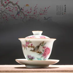 Chinese Gaiwan Ceramic Tea Bowl with Saucer, Handmade Kung Fu, Hand-painted Tea Set, San Cai, Porcelain Tureen