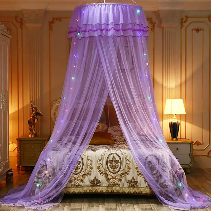 With Light String Princess Girl Garden Mosquito Net Round Lace Curtain Dome Bed Canopy Netting Summer Romantic Mosquito