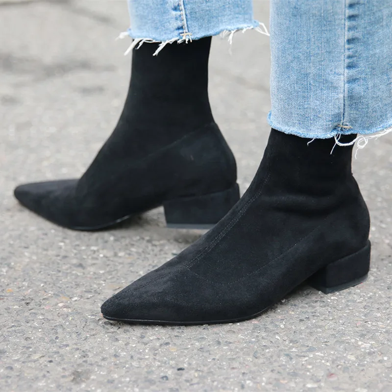 Fashion New Suede Stretch Socks Boots Women Shoes Slip Ankle Boots Spring Winter Elegant Square High Heels Shoes Female 33 34 43