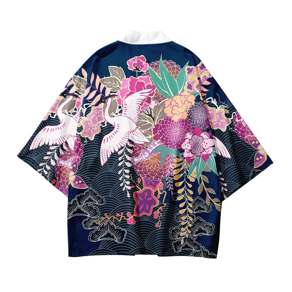 Japanese Traditional Clothing Crane Print Kimono Shirt Men Retro Yukata Asian Fashion Tang Suit Harajuku Hanfu Yukata Jacket