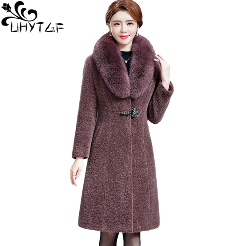 UHYTGF Quality Mink Fleece Autumn Winter Woolen Jacket Women Noble Casual Warm Outwear Elegant Mother Loose Big Size Coats 1241