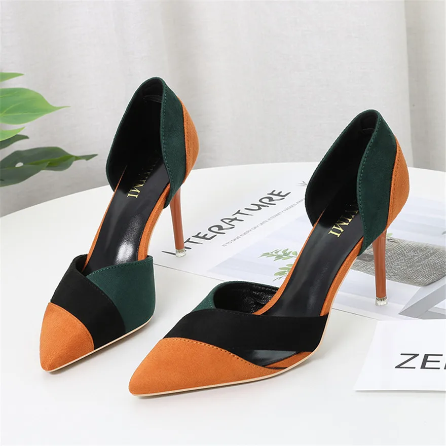 Summer Autumn Women Pumps Fashion High Heels Lady Dress Shoes Green Pink Female Flock Pointy Toe Sexy Hollow Woman Sandals Party