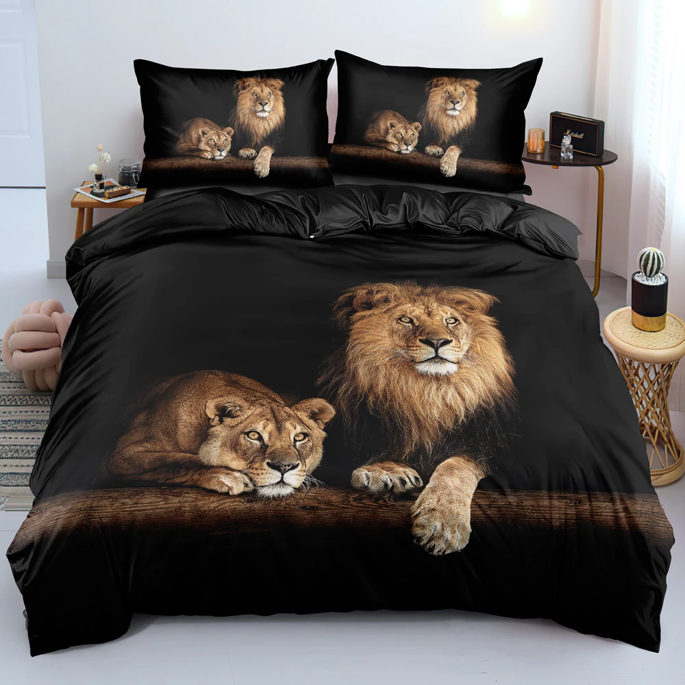 3D Lion Duvet Cover Sets Black Linens Bed Pillow Shams King Queen Super King Twin Double Full Size 180*200cm Animal Bedding Sets