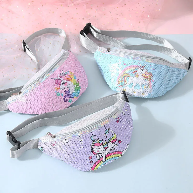 Hot Sale Cartoon Unicorn Sequin Girls Waist Bag Kids Fanny Pack Children Sequins Printing Chest Bag Outdoor Travel Pouch