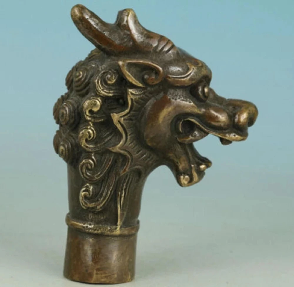 

Chinese Old Bronze Handmade Carved Dragon Collect Statue Cane Walking Stick Head