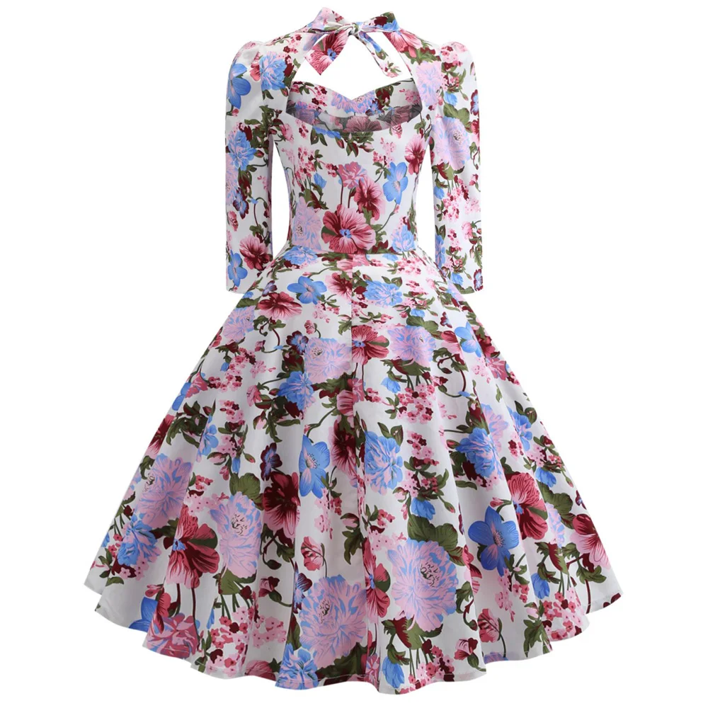 Vestido estampado floral de gravata traseira feminino, elegante vestido de festa feminino, uma linha algodão, vintage, retrô, swing, roupas femininas, primavera, 2022