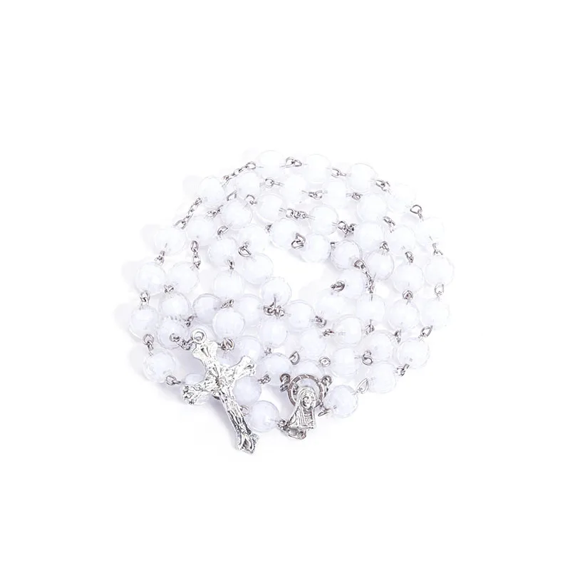 Rosário católico de cristal branco, colar de cruz de jesus com cristal redondo Rosário abençoado de cruz de cristal