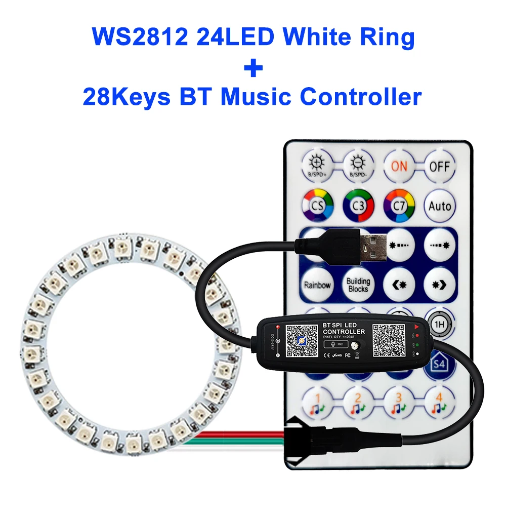 FUNZENXIN WS2812B Individuell adressierbarer LED-Ring 5050 RGB mit USB 28 Tasten Bluetooth-Musik-Controller-Kit BuiIt-in 8/16/24/35/45 Pixel 6
