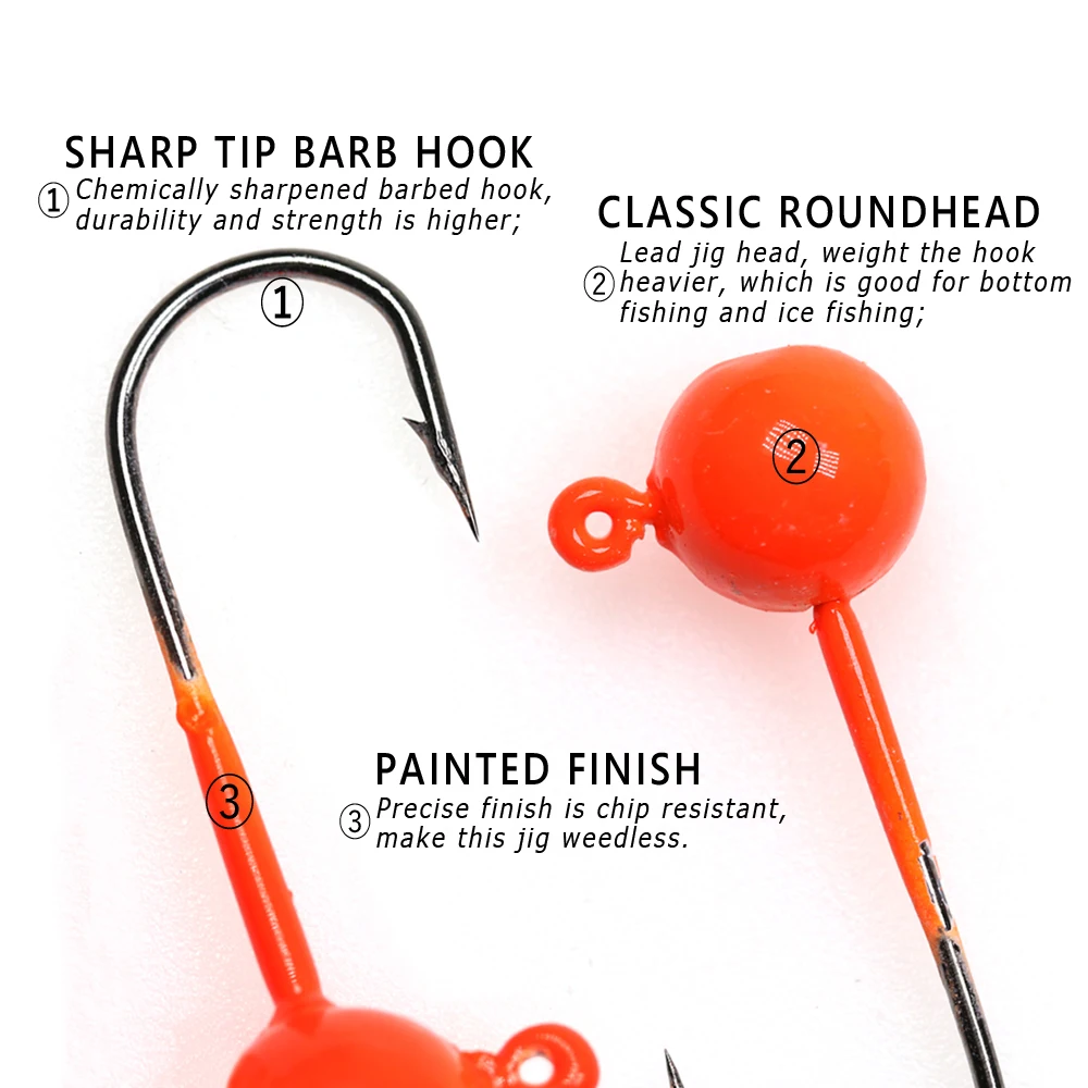 Bimoo 5/10PCS 3g 5g Ball Jig Heads Hooks Roundhead Jig Worm Bait Hook Winter Jigging Fishing Lures Bait Hook UV Orange Rose image 3
