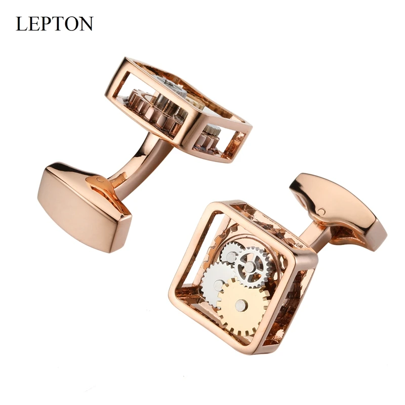 Lepton Rose Gold Square Framed Steampunk Gear Watch Mechanism Cufflinks For men Business wedding cuff links Relojes gemelos