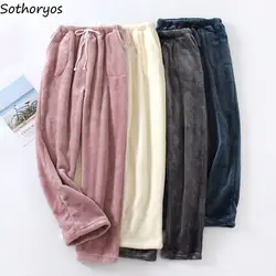 Couples Flannel Sleep Bottoms Women Winter Sweet Simple Tender Warm Thick Straight Fluffy Trousers Chic Elastic Waist Nightwear