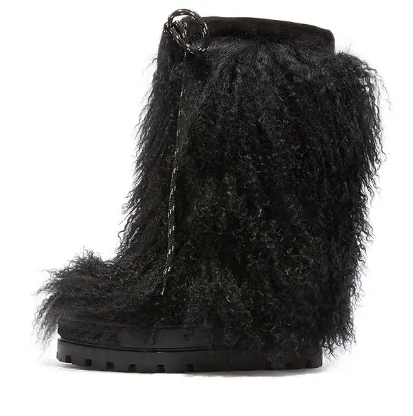 Winter Warming Girls Black Full Wool Fur Thick Heel Short Boots Woman Round Toe 100 mm Hidden Wedge Heel Slip On Snow Boots Lady